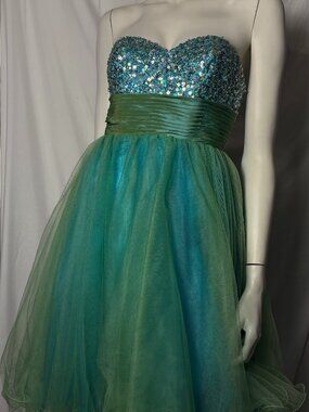Sean Couture Womne's XS Teal Green Sequin Tulle Fit & Flare Prom Dress